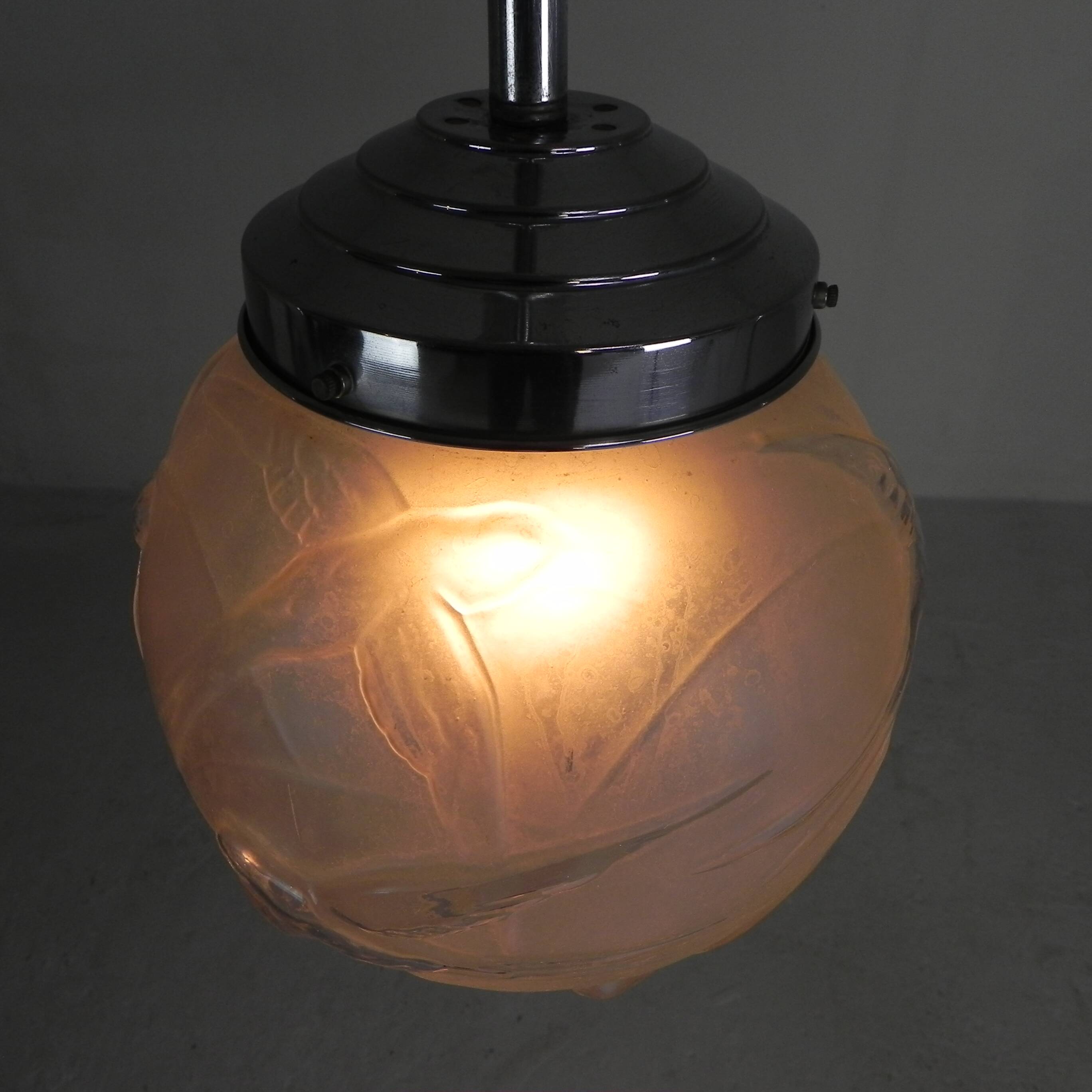 Art Deco pendant light with engraved glass globe and birds, 1930s