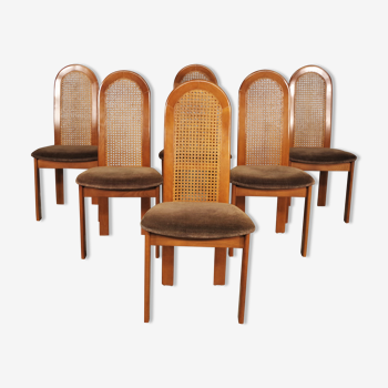 Chaises en hêtre avec dos en tissu et en paille de vienne, années 70 ensemble de 6