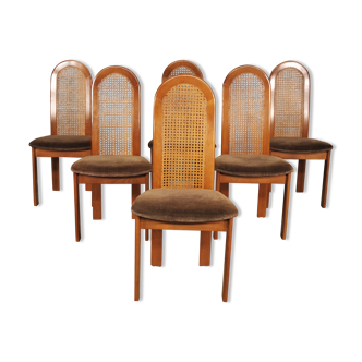 Chaises en hêtre avec dos en tissu et en paille de vienne, années 70 ensemble de 6