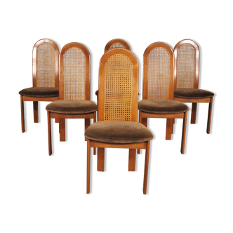 Beech chairs with fabric and straw backs from vienna, 70s. set of 6