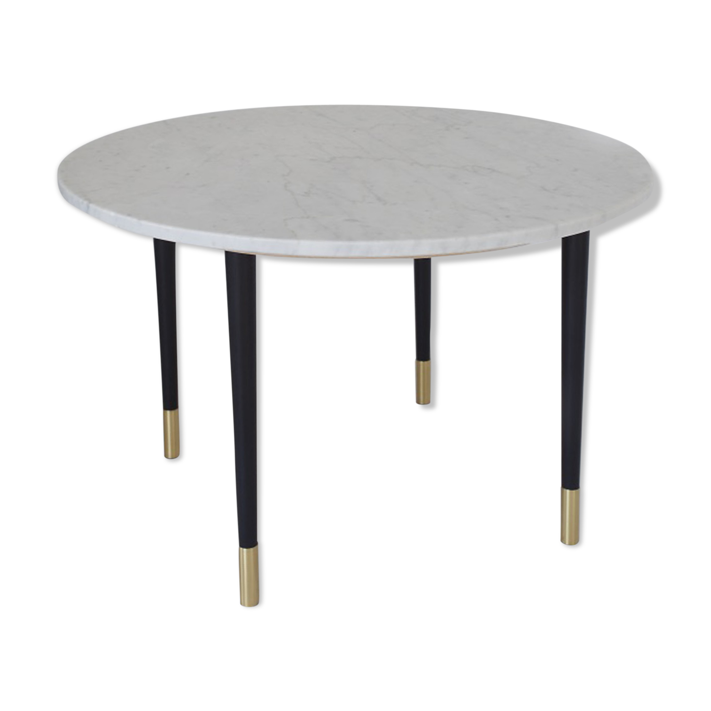 Coffee table in marble, wood and brass