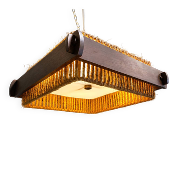 Raffia bast, wood and acrylic pendant lamp by Temde Switzerland, 1960s
