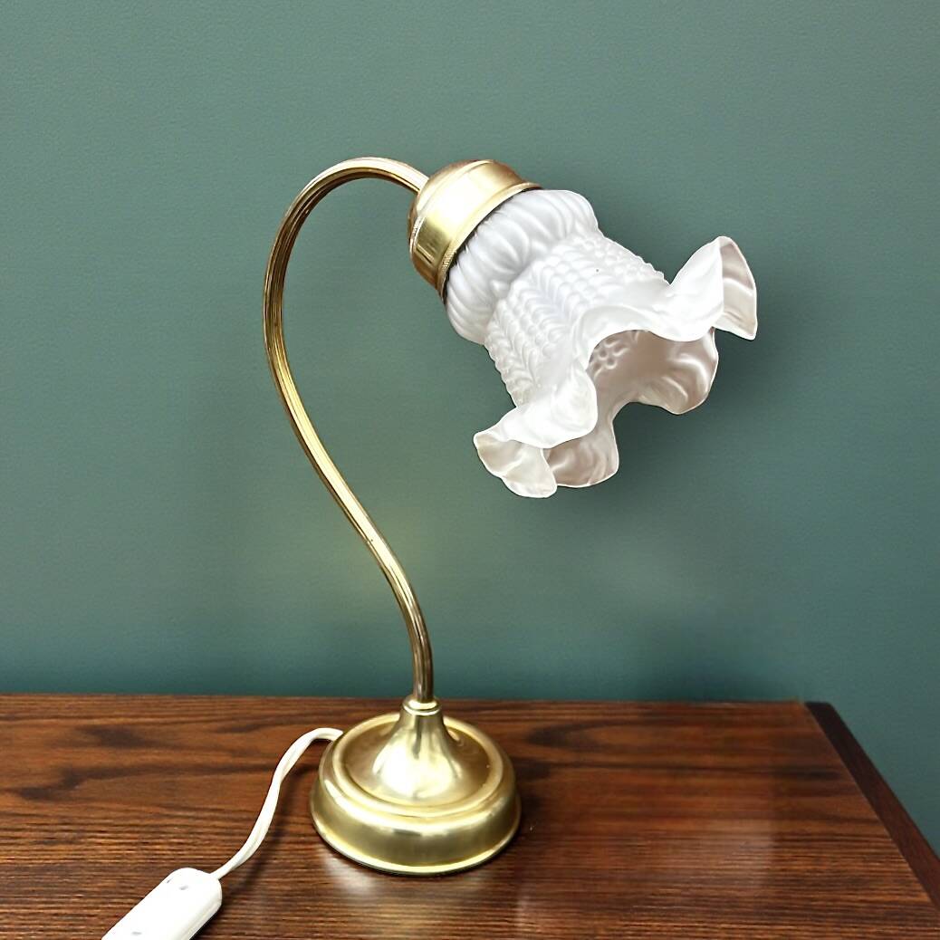 Antique brass and glass swan neck bedside lamp.