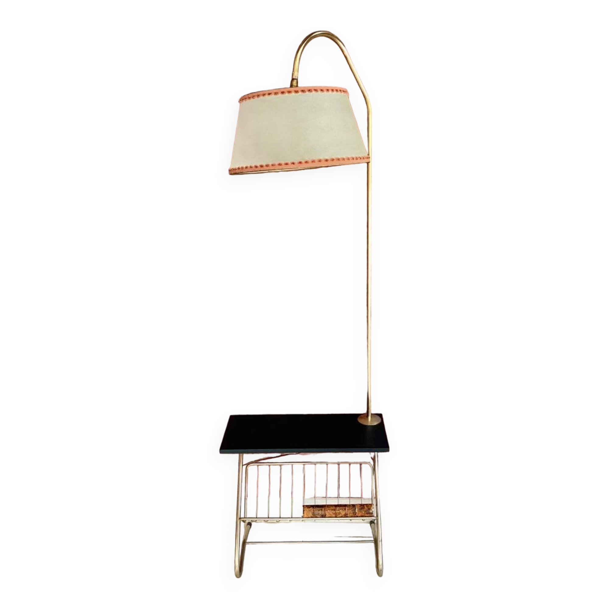 Lampadaire liseuse à tablette et porte revue vintage français 1960.