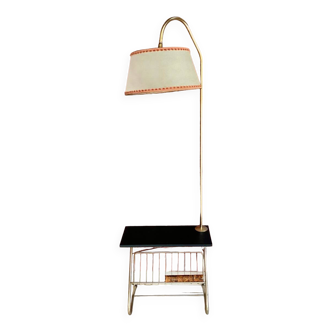 Vintage French 1960s floor lamp with shelf and magazine rack.