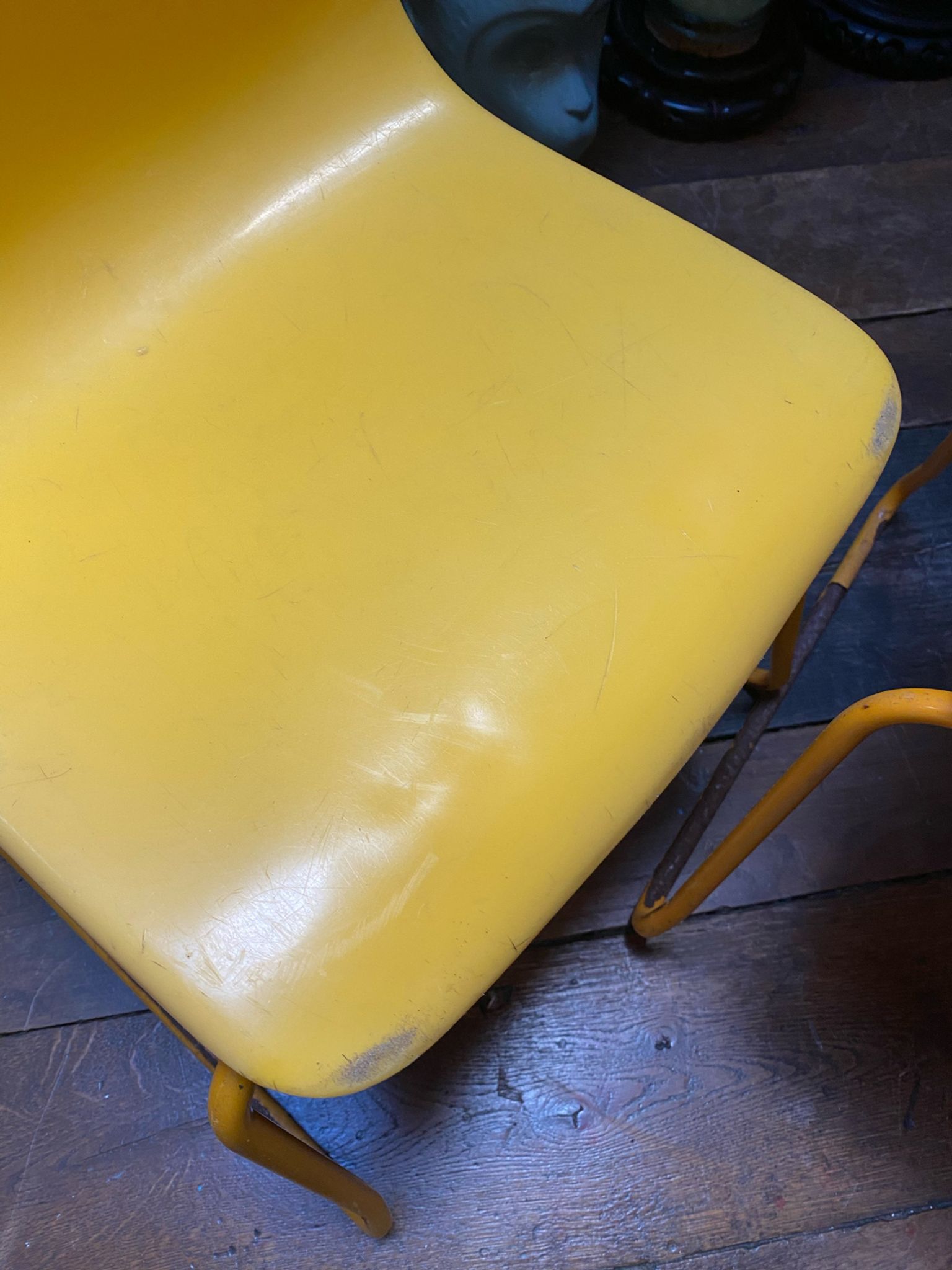 Duo of vintage Grofilex child kindergarten chairs yellow plastic