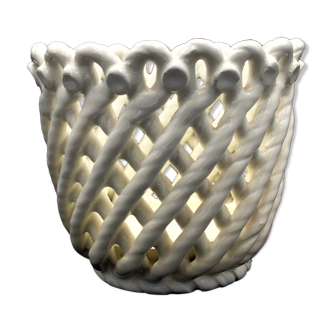 Ceramic basket braided enamelled white