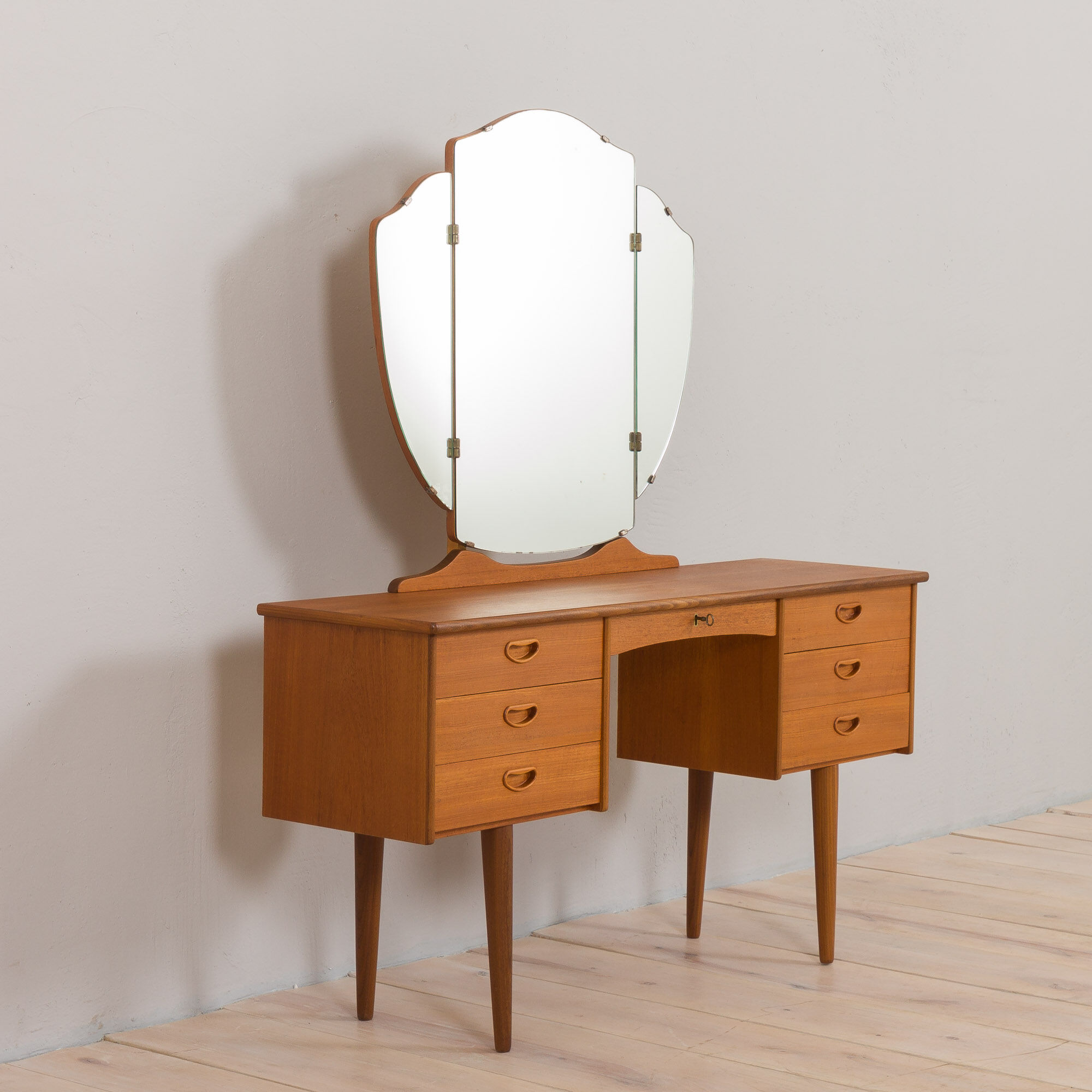 Vintage Scandinavian teak dressing table with adjustable mirrors and 7 drawers, Denmark 1960s