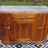 Narrow Art Deco sideboard in light walnut with gray marble top