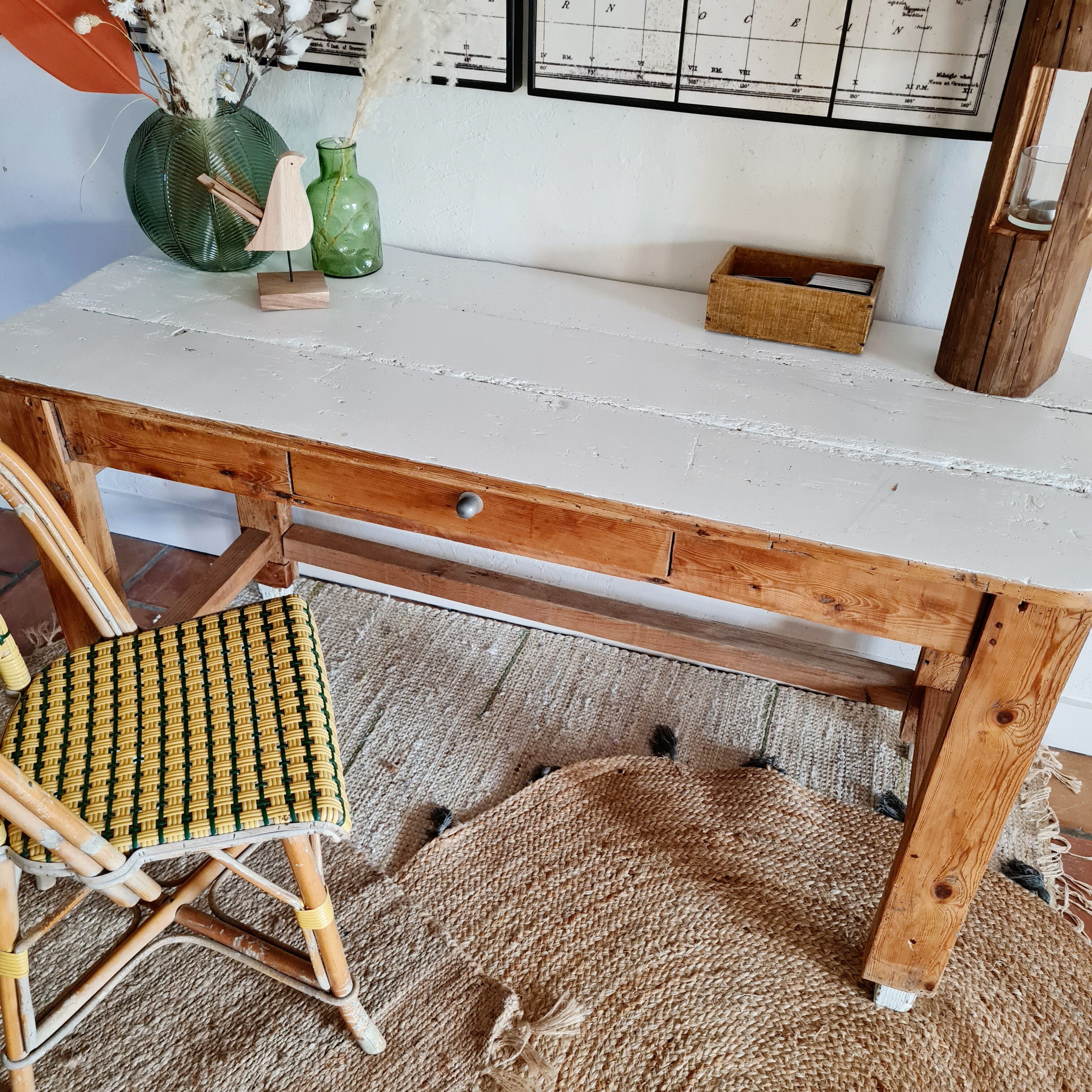 Table d'atelier bureau de métier en bois 1 tiroir plateau blanc