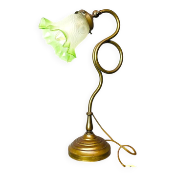 Art Nouveau style brass and green tulip glass table lamp