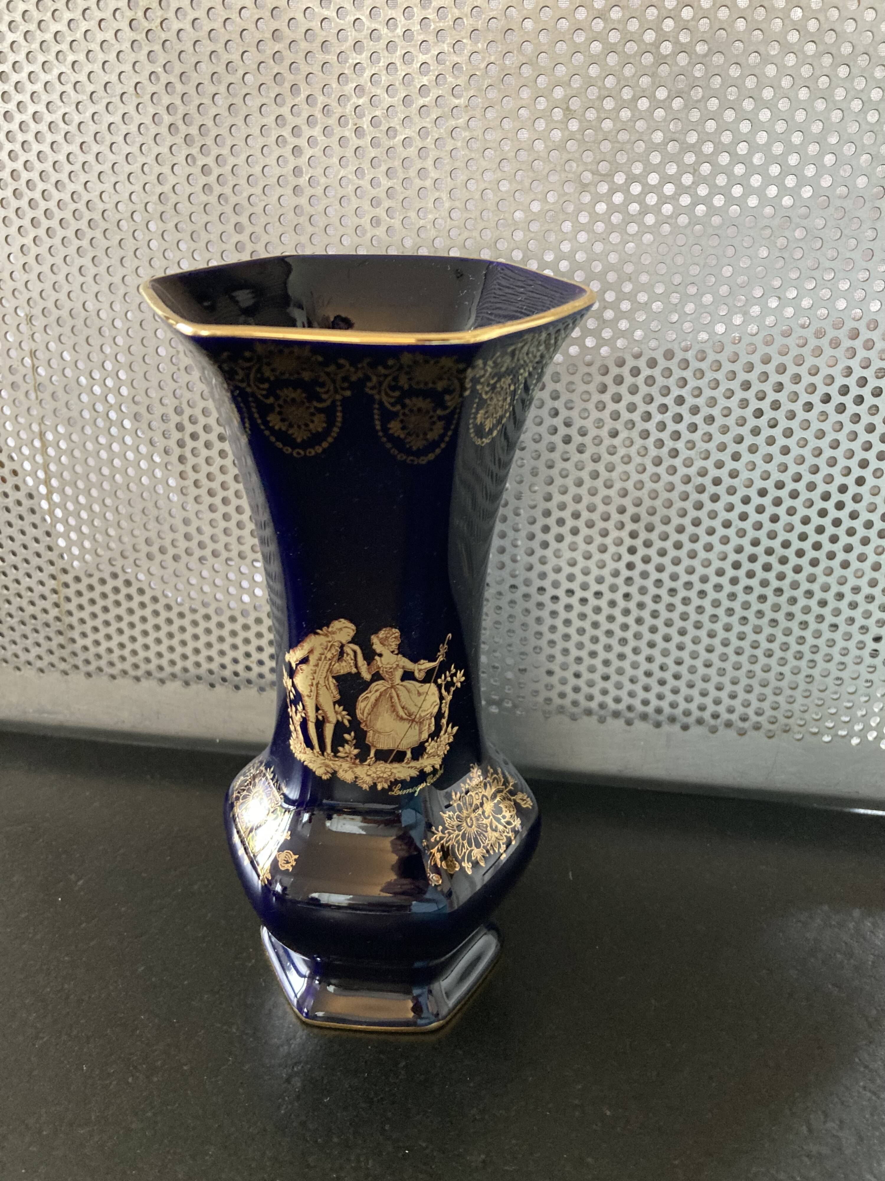 Limoges Castel France cobalt blue hexagonal porcelain vase with 22K GOLD courtesy scene