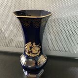 Limoges Castel France cobalt blue hexagonal porcelain vase with 22K GOLD courtesy scene