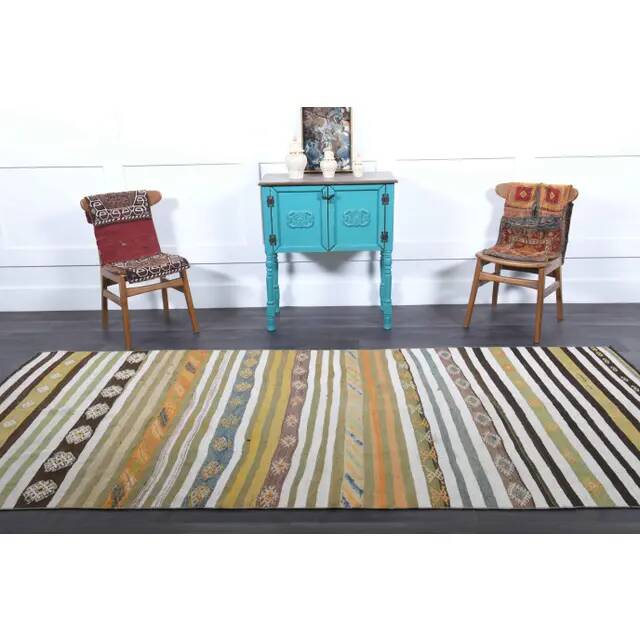 1970s Vintage Turkish Hand-Knotted Wool Cotton Green Runner Rug 139x323