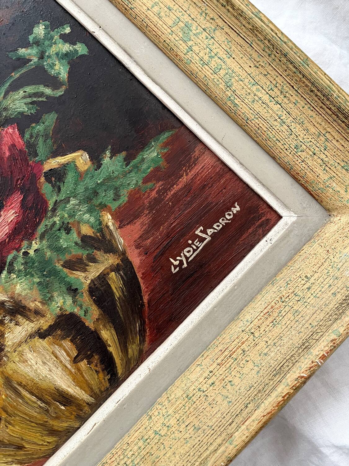 Antique painting, oil on cardboard, bouquet of anemones, signed