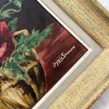 Tableau ancien peinture huile sur carton bouquet de fleurs anémones signée