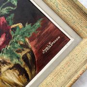 Antique painting, oil on cardboard, bouquet of anemones, signed