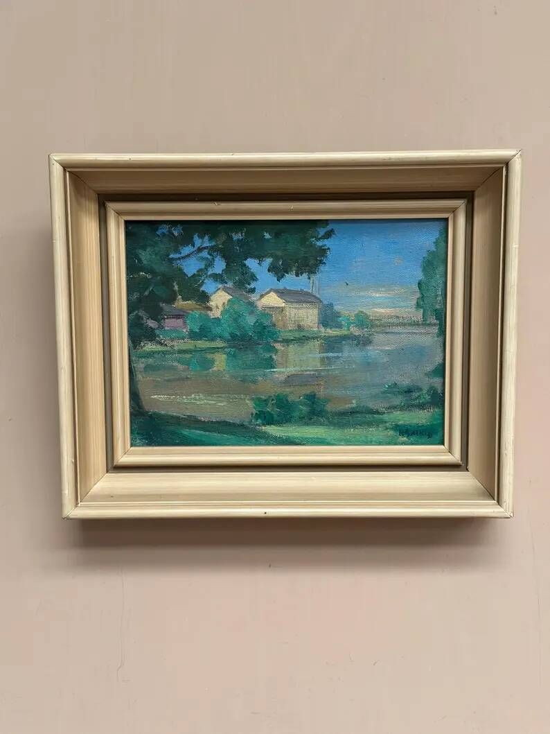 Original Oil on Canvas – “House near The Lake” by Fern I. Coppedge – Signed – Vintage & Framed – 30 × 24 cm (11.8" × 9.4")