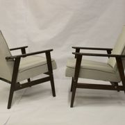 Pair of Henryk Lis armchairs 300-190s 1970s reupholstered gray textured fabric.