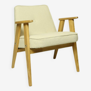 Fauteuil scandinave bois de chêne Chaise moderne du milieu du siècle boucle beige 1962 design par Chierovsky fauteuil de salon en bois