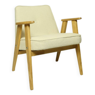 Fauteuil scandinave bois de chêne Chaise moderne du milieu du siècle boucle beige 1962 design par Chierovsky fauteuil de salon en bois