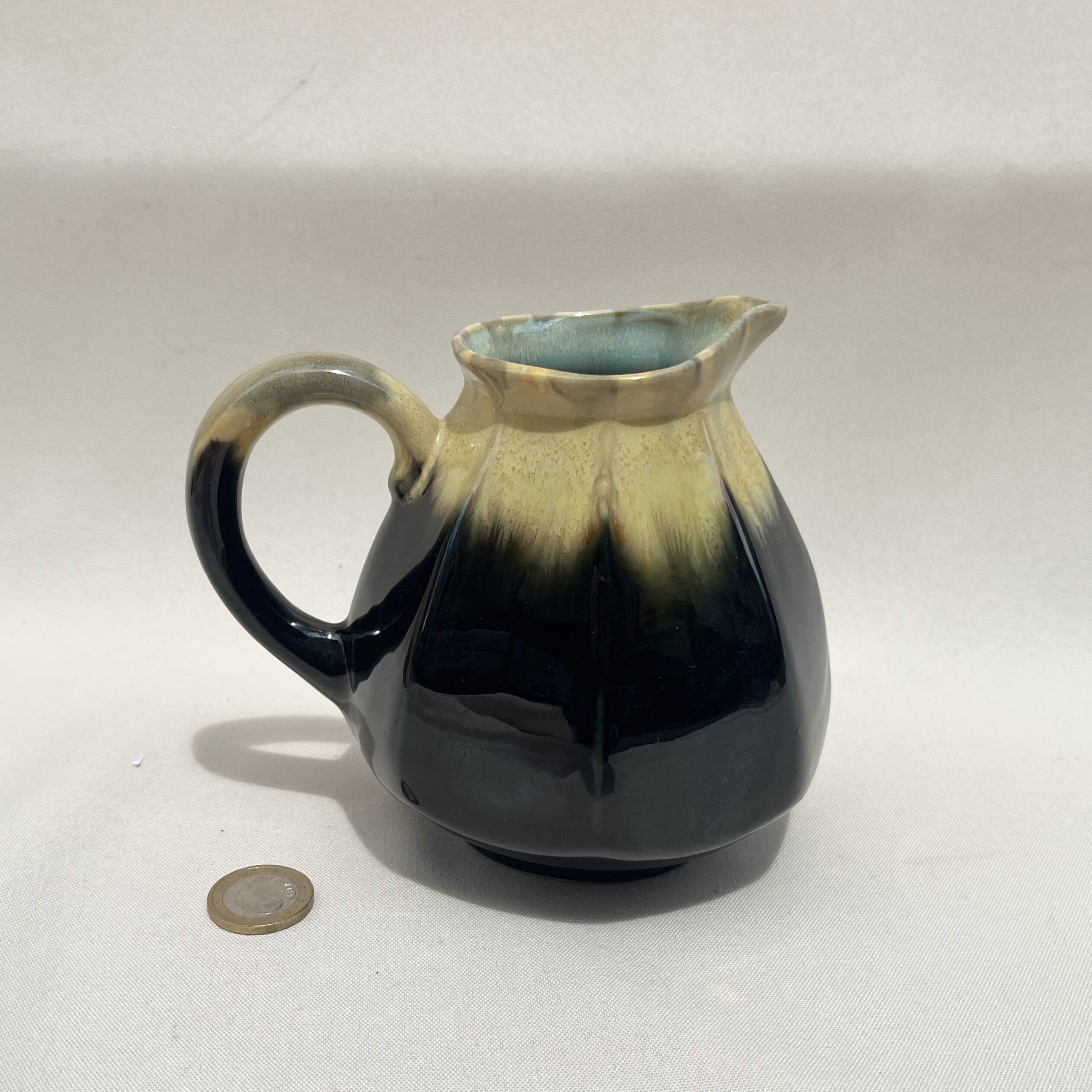 Alpho pitcher in flamed black yellow stoneware vintage 1930 1940 water jug