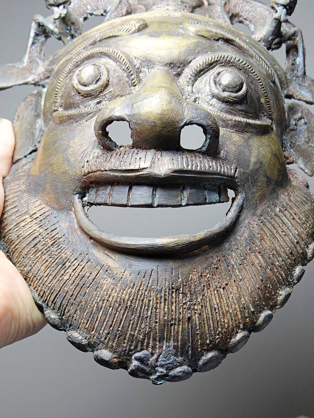 Vintage African bronze mask from Bamoun, Cameroon