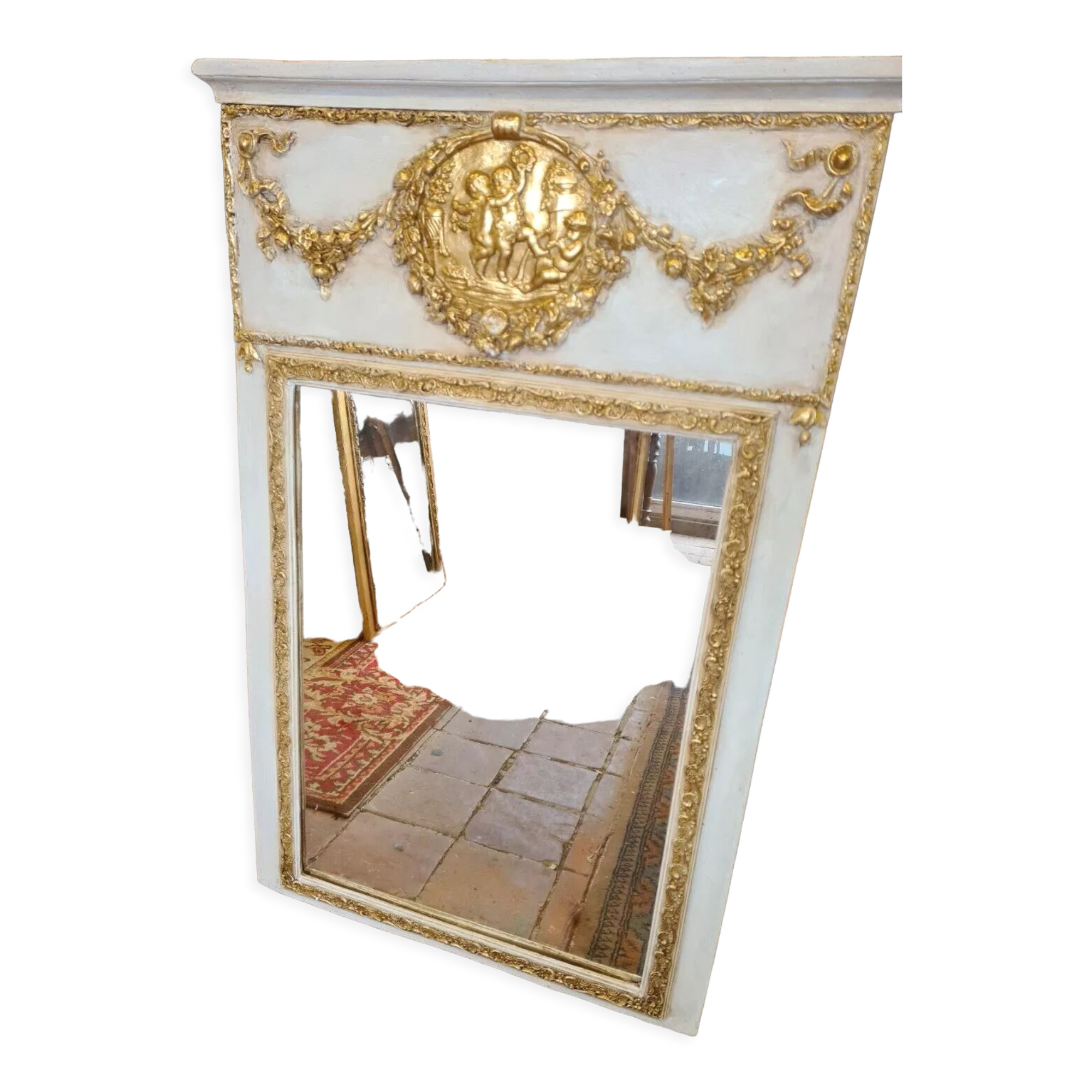 Patinated trumeau mirror beige and gold