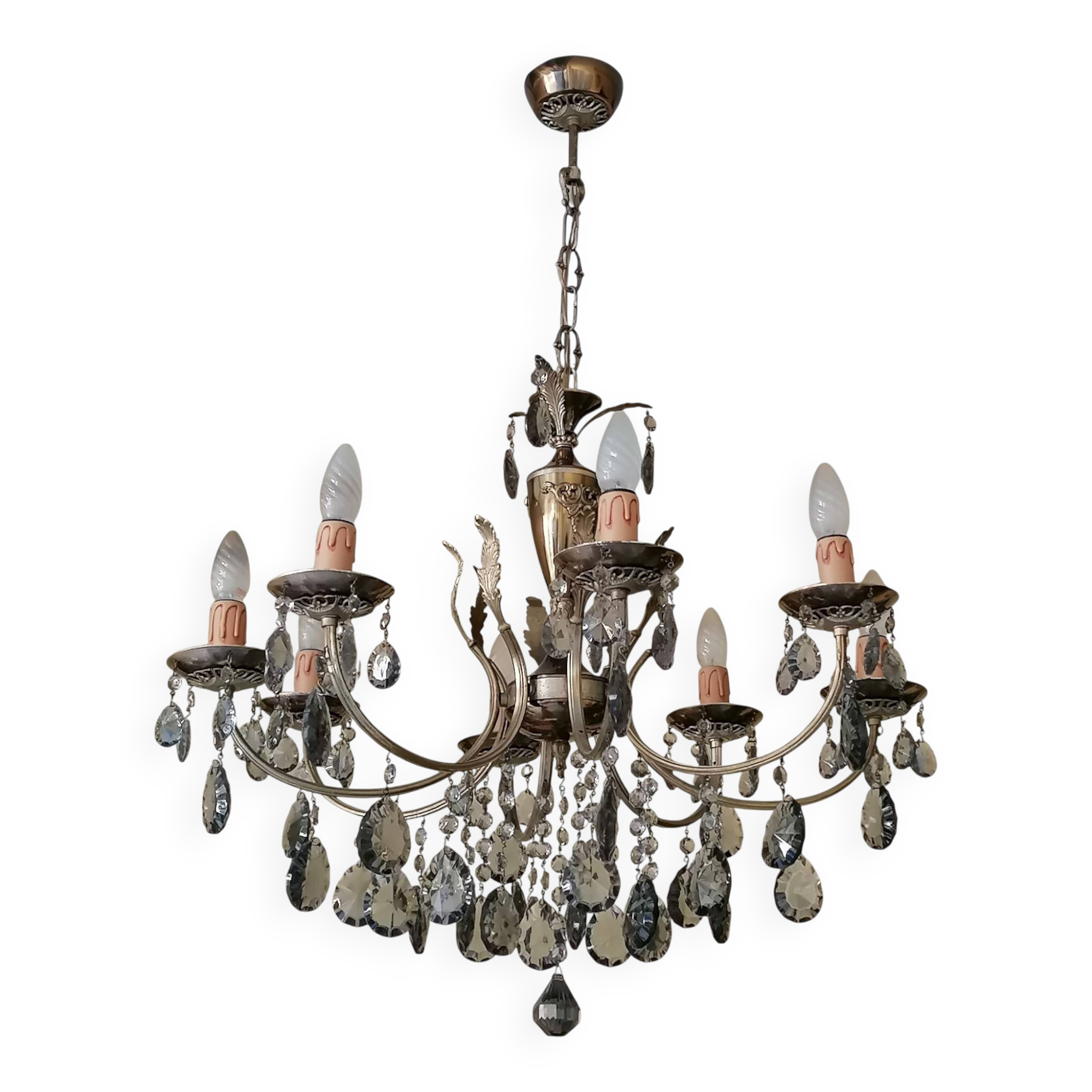 Lampadario a otto luci con pendenti in cristallo fumé, anni '50