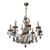 Lampadario a otto luci con pendenti in cristallo fumé, anni '50