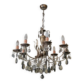 Lampadario a otto luci con pendenti in cristallo fumé, anni '50