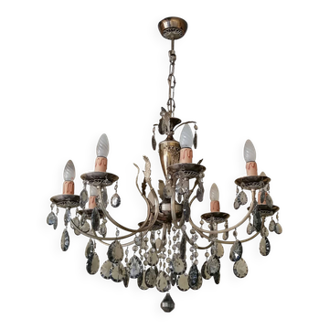 Lampadario a otto luci con pendenti in cristallo fumé, anni '50