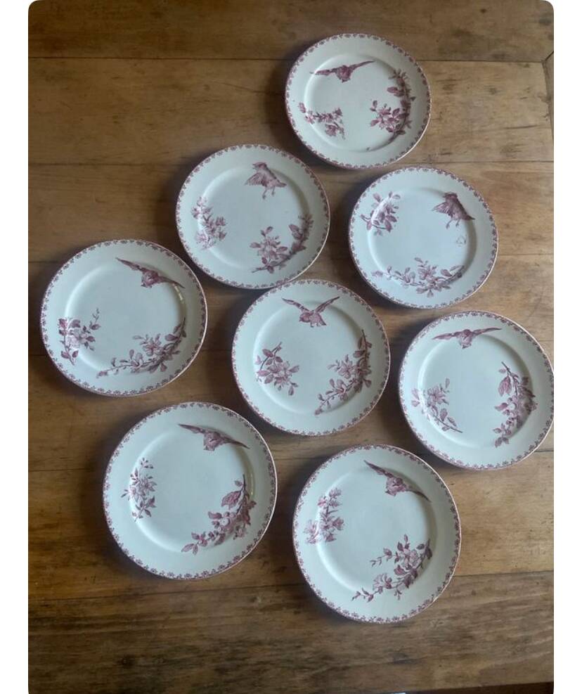 A series of eight flat plates in Terre de fer earthenware, Favori aux oiseaux model - pink tint