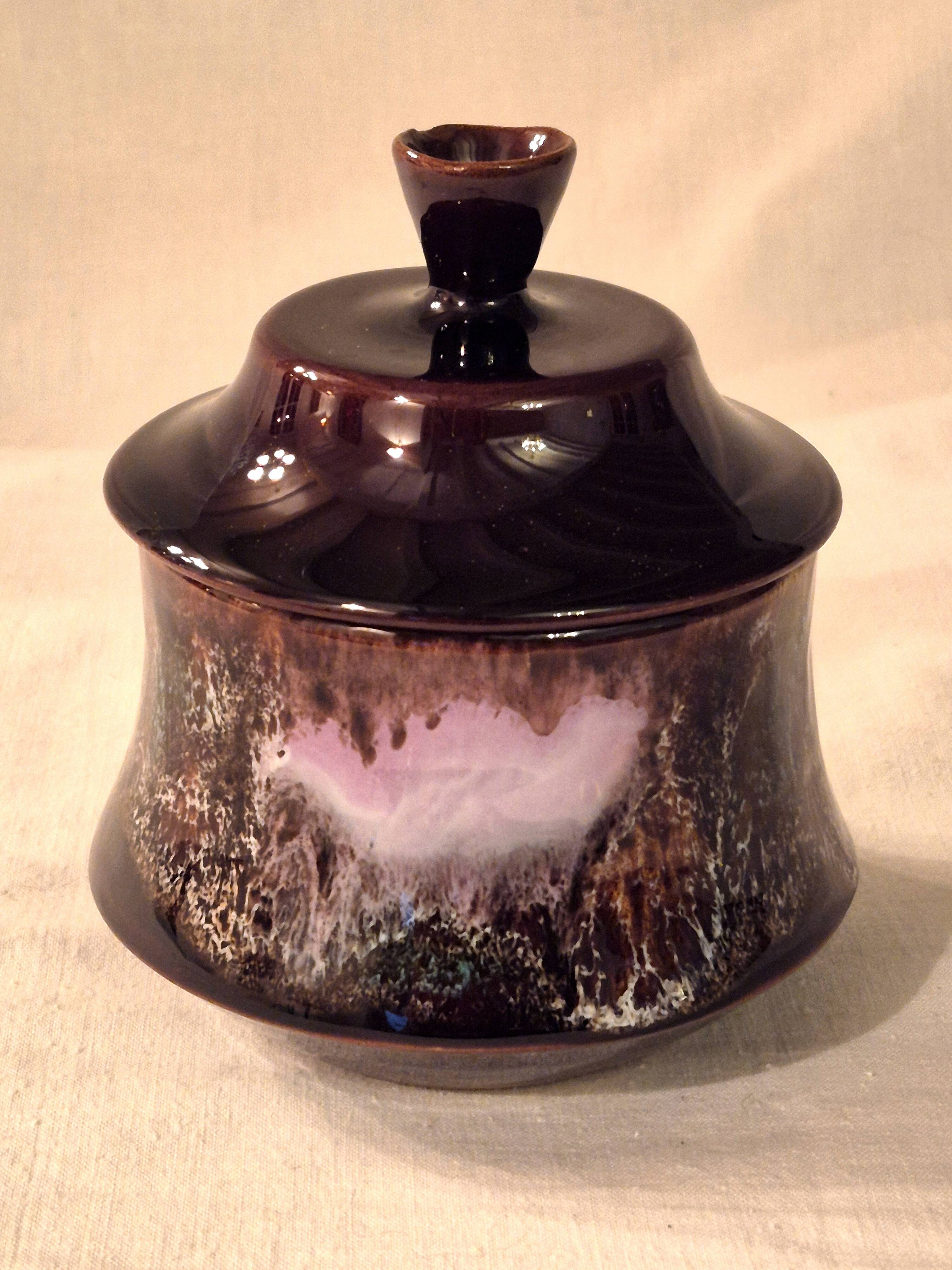 Covered sugar bowl Vallauris glazed ceramic brown old pink A152-3