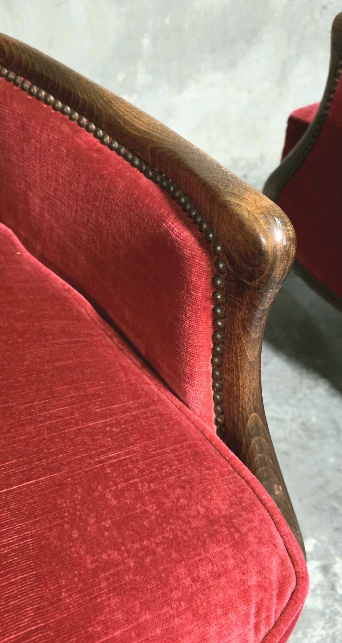 Pair of Louis XV style bergère armchairs in red velvet