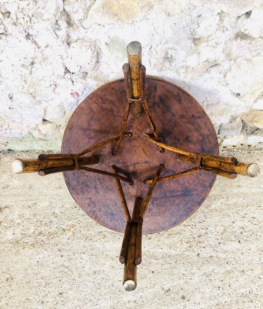 Round rattan bamboo side table, 60s