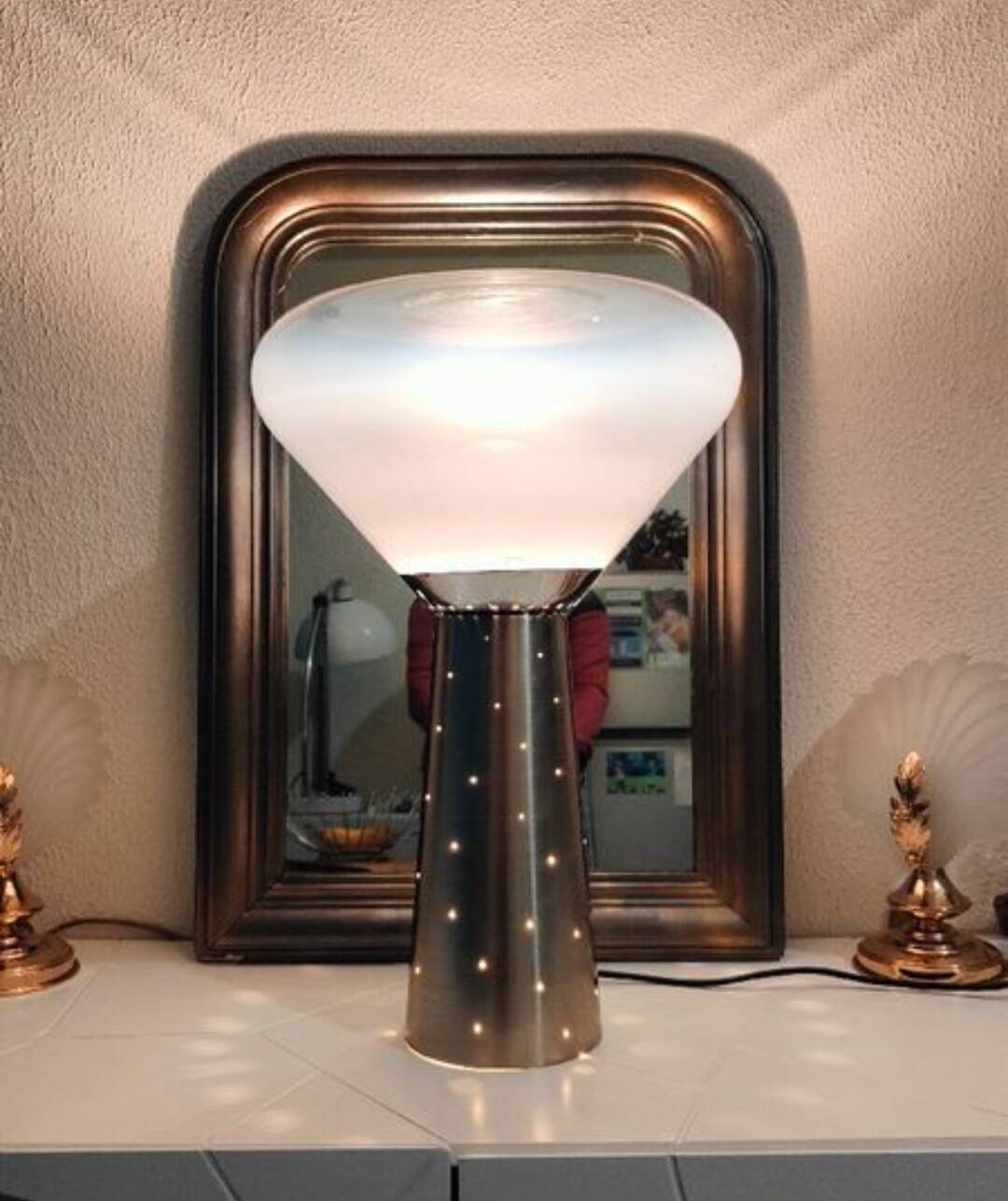 Lampe acier brossé vintage abat jour transparent blanc Italie  1970