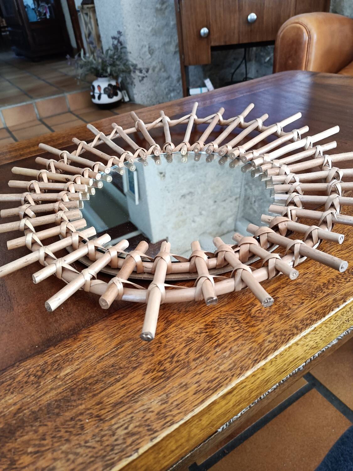 Oval rattan sun mirror