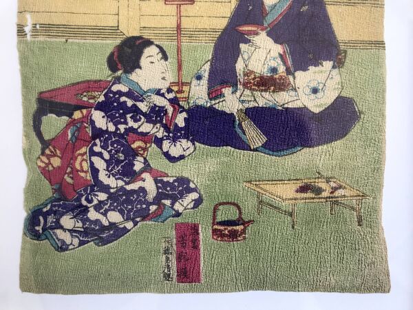 Duo d'estampes japonaises sur papier chiffon, Le pêcheur & Cérémonie du thé