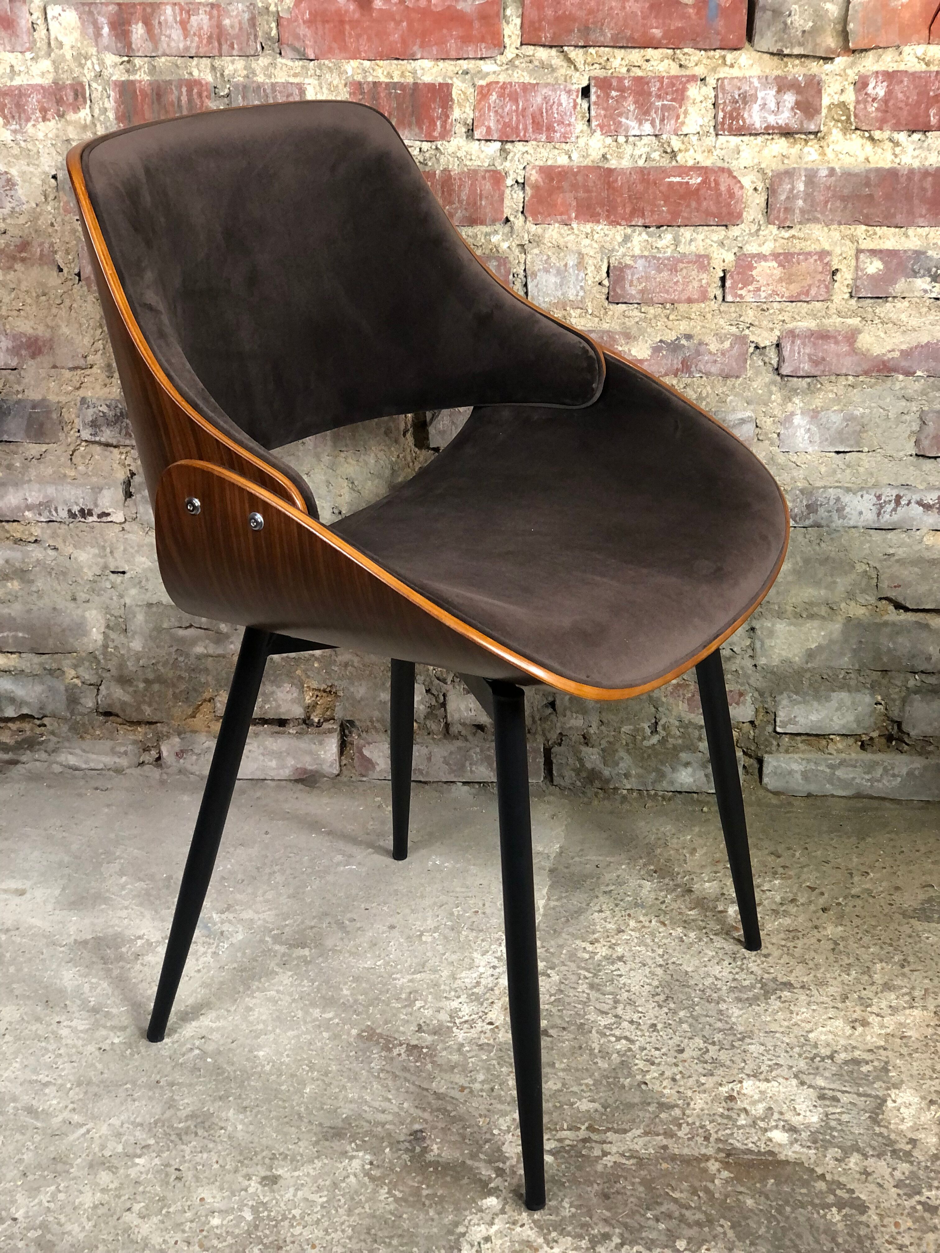 Scandinavian style chairs in curved plywood covered with brown fabric