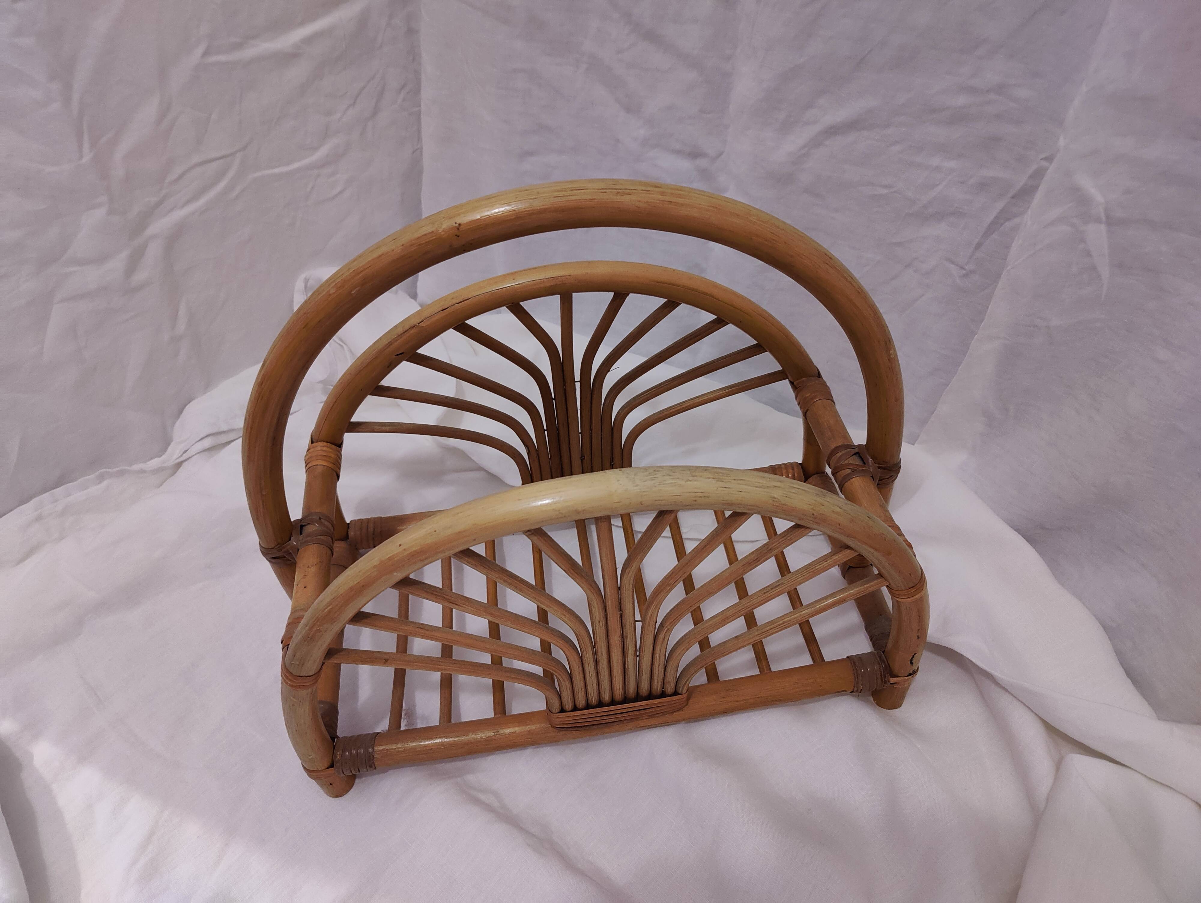 Woven bamboo magazine rack from the 1970s