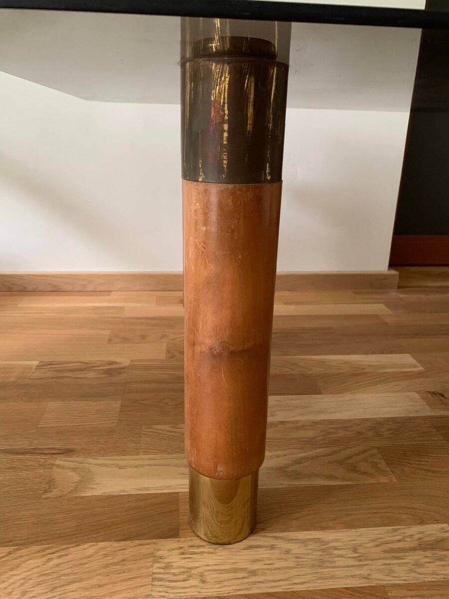 Scandinavian coffee table in brown teak, smoked glass top and brass details, 1960s.