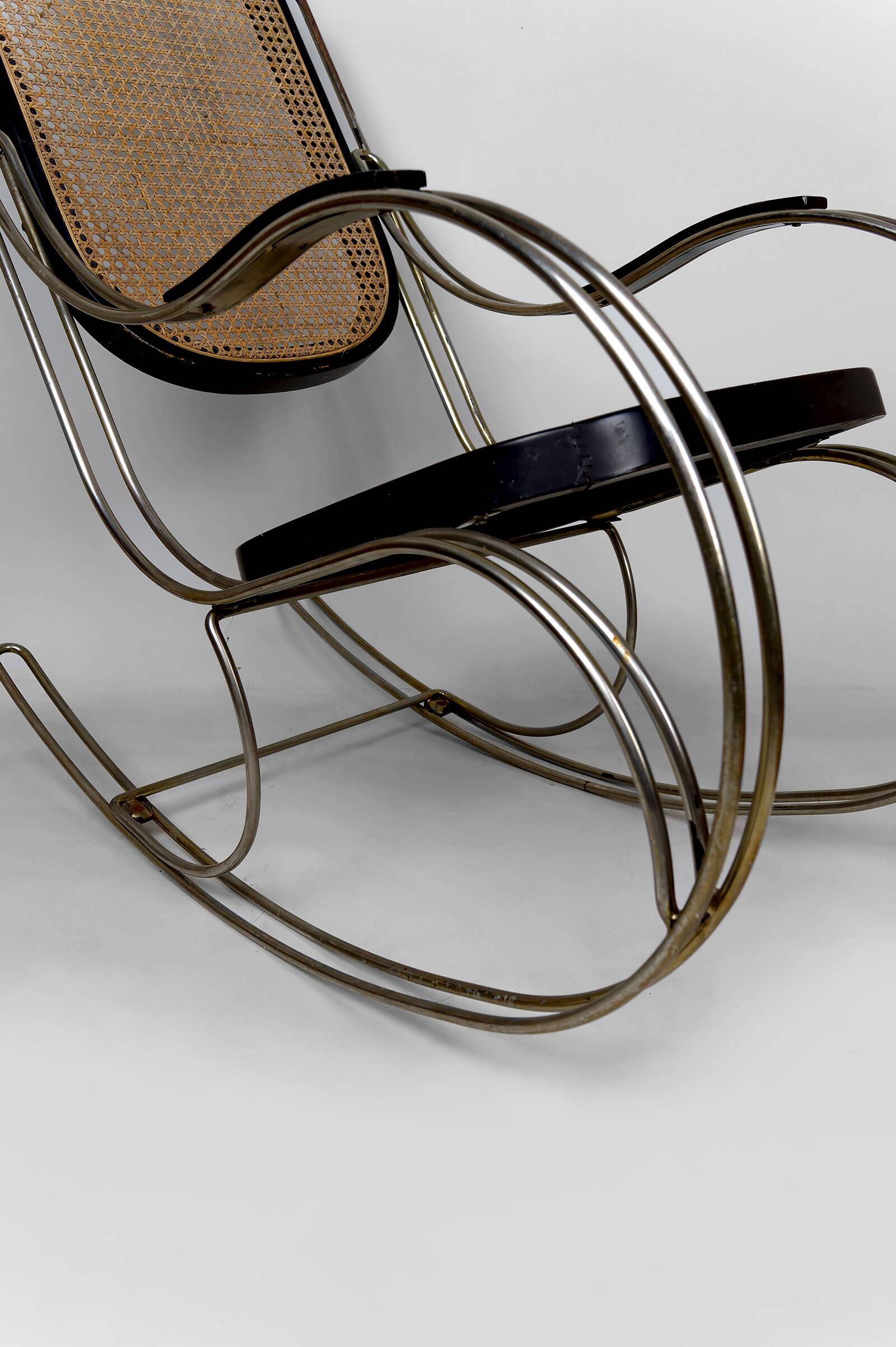 Modernist Rocking Chair in Blackened Wood, Canework and Chrome Frame, 1960-70