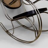 Modernist Rocking Chair in Blackened Wood, Canework and Chrome Frame, 1960-70
