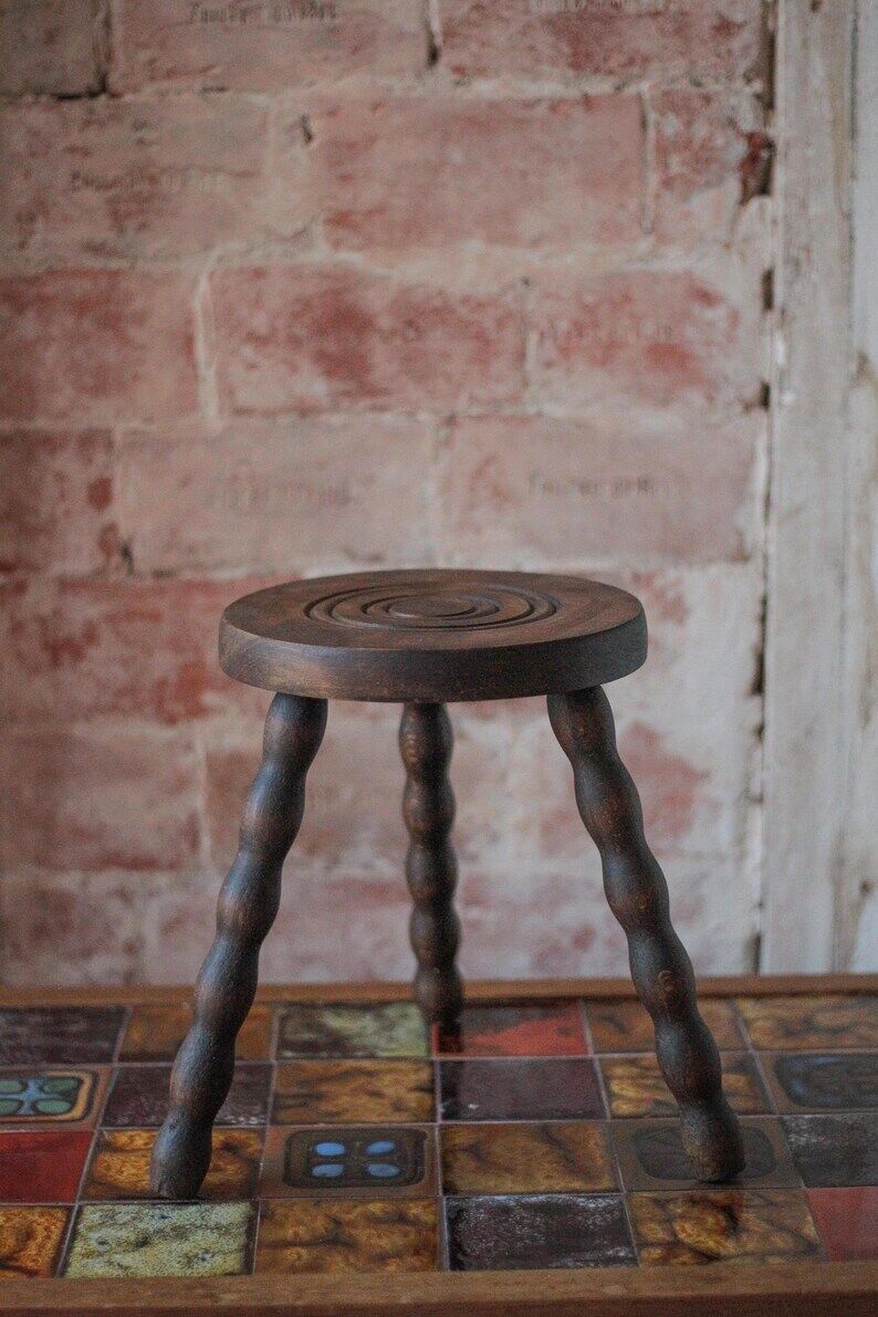 Vintage stool, tripod stool, occasional stool, wooden plant stand, side table, interior decoration.
