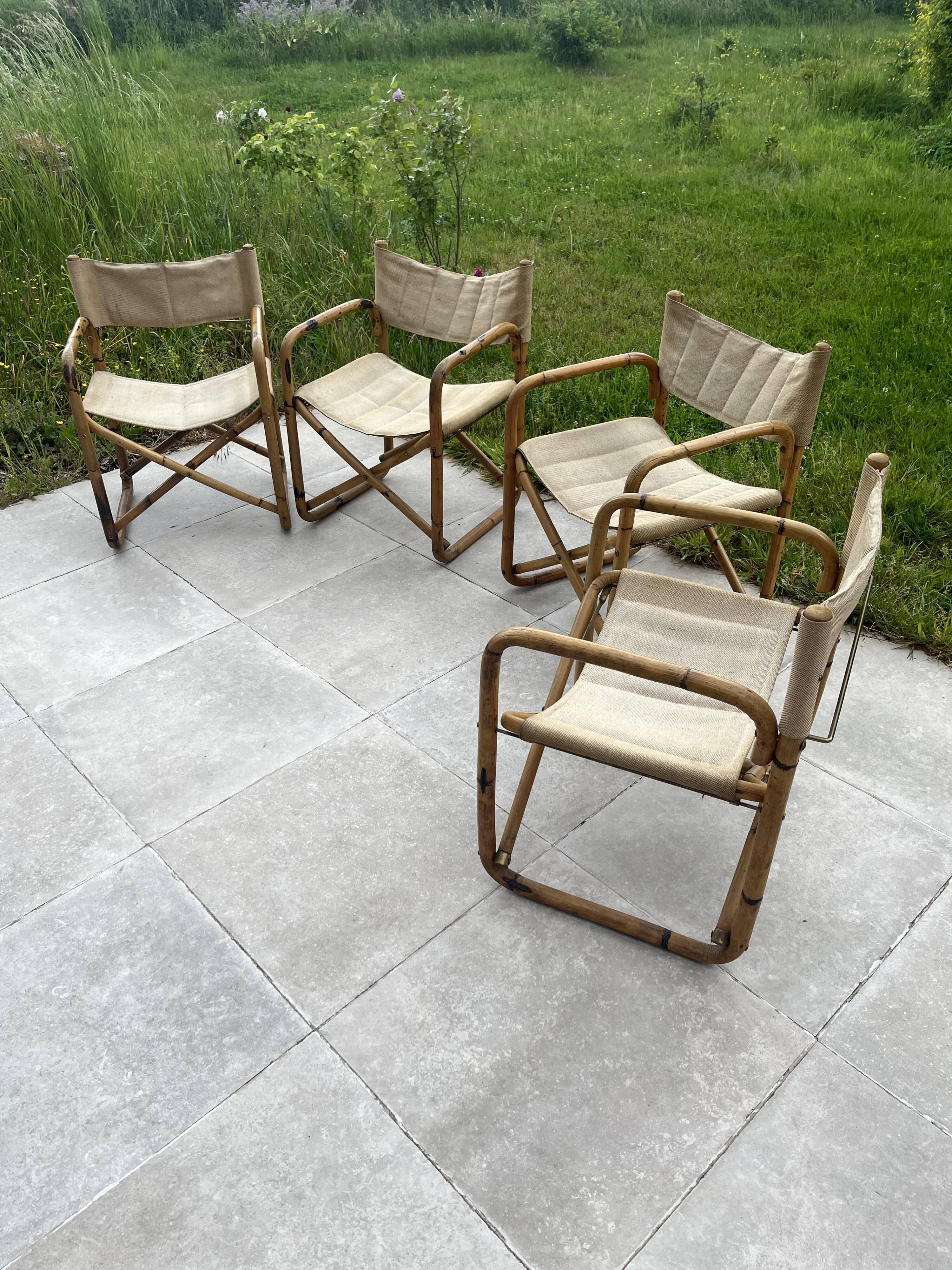 4 fauteuils en bambou reffure et vis en laiton pliable style art déco époque 1930 dans leur jus