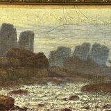 A. Laemmermann, oil painting on cardboard depicting a rocky landscape.