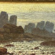 A. Laemmermann, oil painting on cardboard depicting a rocky landscape.