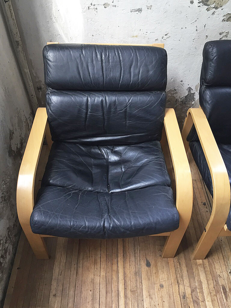 Danish sofa and armchairs curved wood and leather