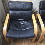 Danish sofa and armchairs curved wood and leather